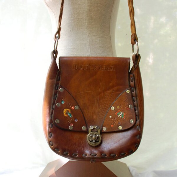 FLOWER CHILD // tooled leather hand painted bag purse