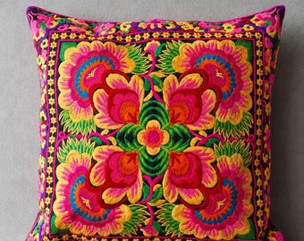Hmong-Kissen mit Blumenstickerei, Boho-Stammeskissen, 40 x 40 cm (nur Kissenbezug)
