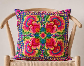 16x16 Hmong-Stickerei-Zierkissen, buntes Boho-Blumenkissen, dekoratives Kissen im Ethno-Stil, nur Kissenbezug