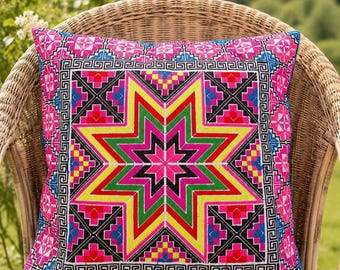 Bunter, geometrischer Kissenbezug mit Hmong-Stickerei, Boho-Stammeskissen (40 x 40 cm)