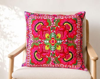 16x16 Hmong-Stickerei-Kissenbezug, farbenfrohes Boho-Blumenkissen, Tribal-Textilakzent