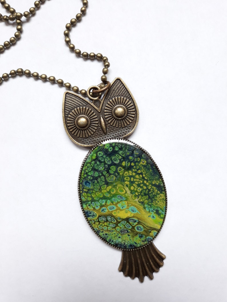 Owl pendant necklace with fluid paint design
