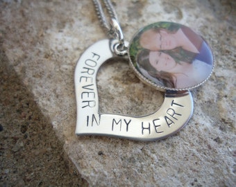 Memory Photo Necklace Hand Stamped Heart "Forever in my heart" Necklace - In Loving Memory Necklace - Sympathy Gift
