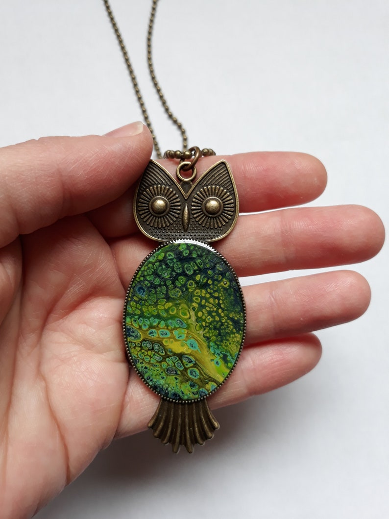 Owl pendant necklace with fluid paint design