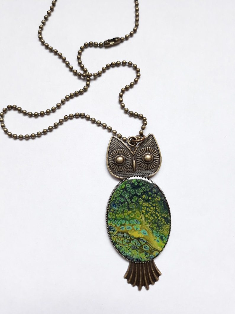Owl pendant necklace with fluid paint design