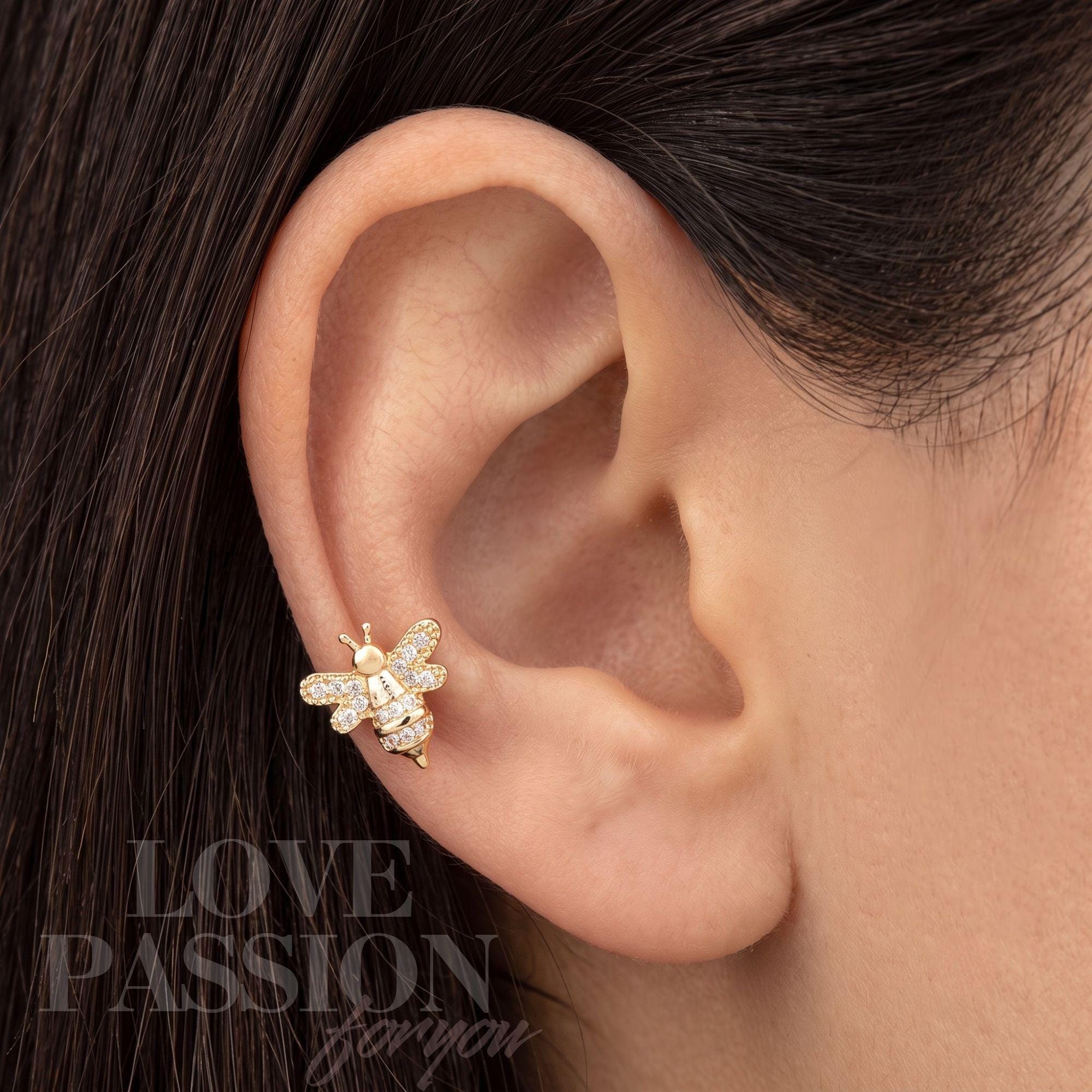 Bee Ear Cuff No Piercing, CZ Crystal Clip Earring, 925 Sterling Silver…