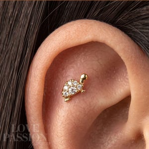 May include: A gold-toned turtle-shaped earring stud featuring a shell encrusted with six small, clear, round-cut stones. The jewellery piece is positioned in the upper cartilage area of an ear, with the text LOVE PASSION for you visible below.