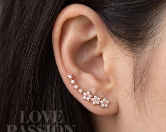 Rose Gold Flower Ear Climber, Dainty Floral Ear Crawler, Stainless Steel Earring, Minimalist Stud Earrings, Sparkly Jewelry