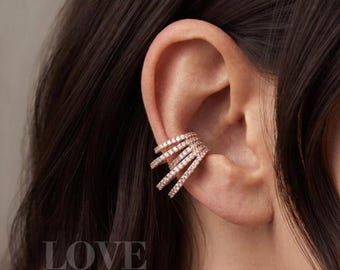 Gold Ear Cuff, Multi Row Cubic Zirconia Cartilage Earrings
