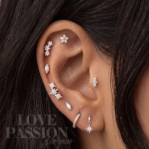 May include: A collection of silver-toned ear piercings featuring various designs including a flower, marquise-cut stones, starburst shapes, and a small hoop with a dangling star charm. The jewelry is arranged along the ear cartilage and lobe.