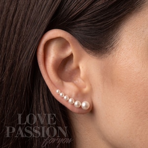 May include: An ear climber earring featuring a row of six white pearls that graduate in size, starting with a small pearl at the top and ending with a larger pearl at the base, following the natural curve of the lower ear lobe edge.