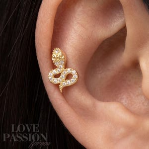 Peut inclure: Une boucle d'oreille en forme de serpent doré, ornée de petites pierres claires et scintillantes sur tout le corps enroulé. Le motif du serpent présente une tête bien définie et une queue courbée, fixée sur le cartilage de l'oreille.