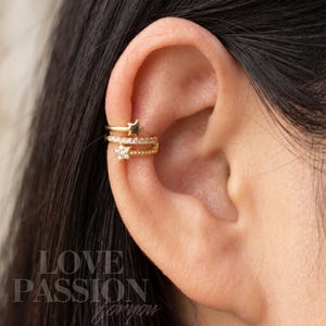 May include: Gold ear cuff set with star and floral designs. The ear cuff is worn on the ear and features a small star and a floral design with small, clear stones. The text "LOVE PASSION for you" is visible in the lower left corner.
