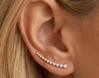 Brincos Ear Climber em Prata de Lei 925, Brincos Curvos com Zircônia Cúbica Dourada, Brincos de Pino, Joias Delicadas e Minimalistas