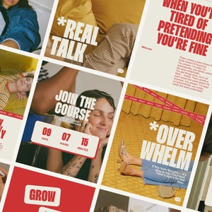 May include: A collage of images with text overlays. One image reads "*REAL TALK" in white text. Another says "JOIN THE COURSE" with a countdown timer. Other images have phrases like "GROW GENTLY, FORCEFULLY" and "WHEN YOU'RE TIRED OF PRETENDING YOU'RE FINE."