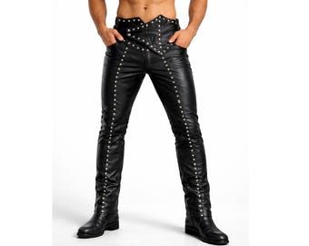 Men's Black Studded Leather Pants – Punk Gothic Biker Trousers, Rivet Detail Alternative Fashion