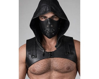 Black Leather Hood Mask Harness, Gothic Cyberpunk Festival Rave Costume