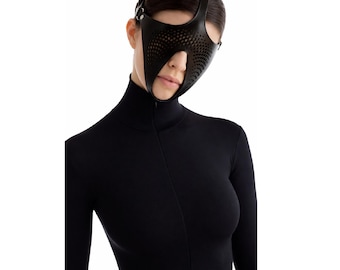 Black Leather Perforated Face Mask, Futuristic Avant Garde Statement Costume