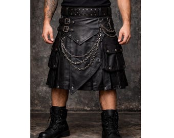 Black Leather Utility Kilt, Gothic Punk Chains, Cargo Pockets, Biker Fashion Kilt