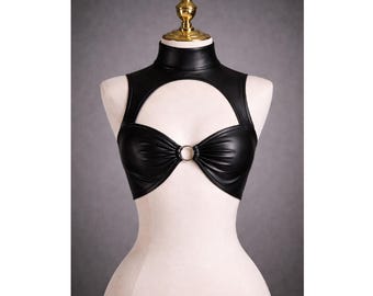 Black Real Leather Harness Bra, Cutout Halter Top, Gothic Lingerie, Festival Outfit, Edgy Clubwear, Sexy Statement Bralette