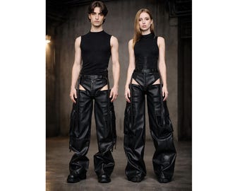 Black Leather Strappy Cargo Pants, Gothic Techwear Wide Leg Trousers