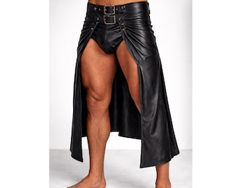Men's Black Leather Gladiator Skirt, Warrior Kilt, Gothic Festival Outfit