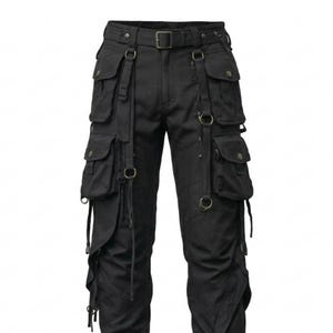 May include: Black cargo pants with multiple pockets, straps, and metal ring accents. The pants feature a belt with a buckle and are made of a durable fabric. The design includes decorative straps and a unique, edgy style.