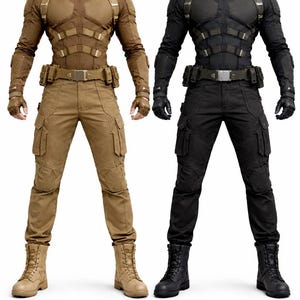 May include: Two full-body outfits: one in tan and the other in black. Each includes a tactical top with harness, cargo pants, gloves, belt, and boots. The tan outfit has tan boots, while the black outfit has black boots. Both outfits are displayed against a white background.