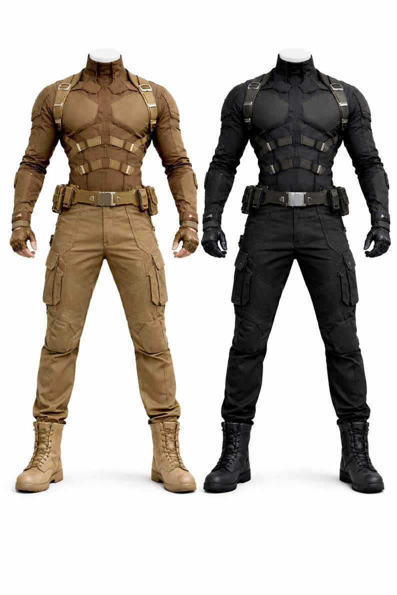 May include: Two full-body outfits: one in tan and the other in black. Each includes a tactical top with harness, cargo pants, gloves, belt, and boots. The tan outfit has tan boots, while the black outfit has black boots. Both outfits are displayed against a white background.