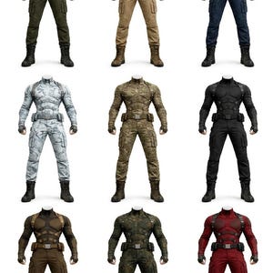 May include: Nine full-body tactical outfits in various colors, including green, tan, blue, camouflage, and black. Each outfit features a long-sleeved top, cargo pants, belt, and combat boots. The outfits have a futuristic, military-inspired design.