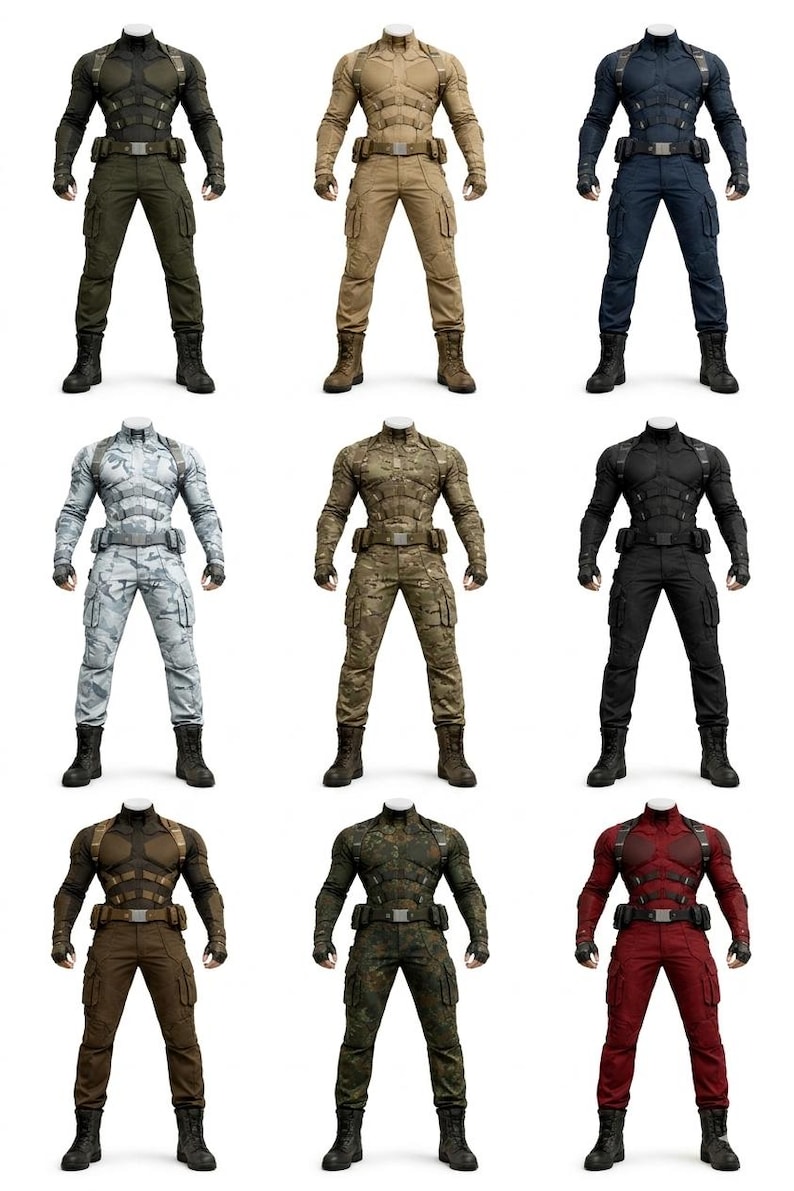 May include: Nine full-body tactical outfits in various colors, including green, tan, blue, camouflage, and black. Each outfit features a long-sleeved top, cargo pants, belt, and combat boots. The outfits have a futuristic, military-inspired design.