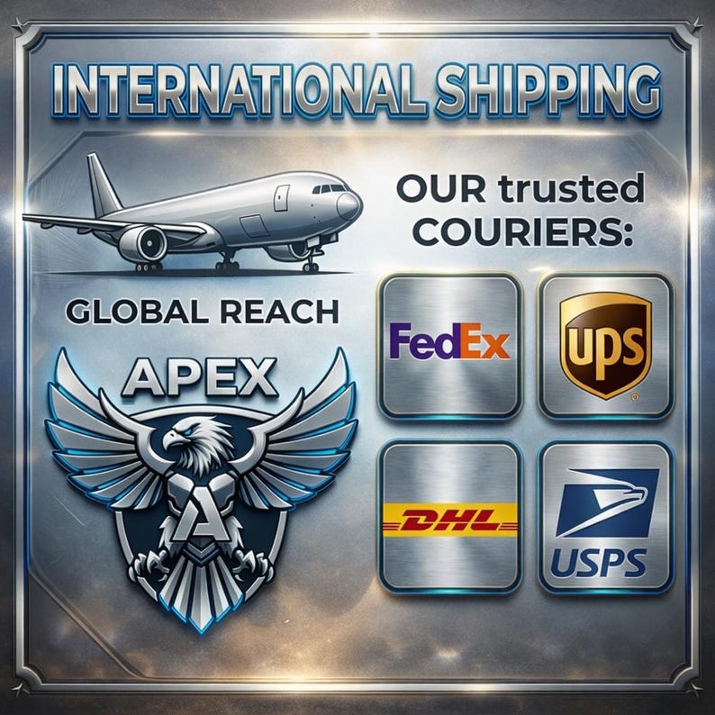 May include: Image promoting international shipping services. Features a silver airplane, the text "INTERNATIONAL SHIPPING", and logos for FedEx, UPS, DHL, and USPS. The image also includes the text "GLOBAL REACH" and the logo for Apex.