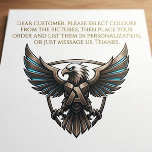 May include: A white card with a detailed illustration of an eagle with outstretched wings, in shades of brown, gray, and blue. The eagle is centered above a shield with the letter "A". Text at the top reads: "DEAR CUSTOMER, PLEASE SELECT COLOURS..."