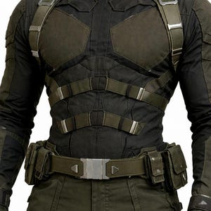May include: A black and olive green tactical outfit. The outfit includes a high-collared jacket with chest and shoulder padding, a utility belt with pouches, and matching pants. The design features multiple straps and metallic accents.