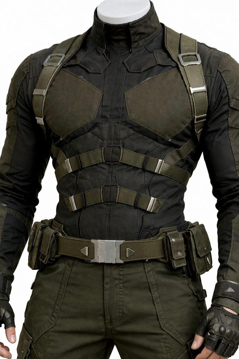 May include: A black and olive green tactical outfit. The outfit includes a high-collared jacket with chest and shoulder padding, a utility belt with pouches, and matching pants. The design features multiple straps and metallic accents.