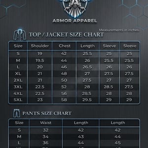 May include: A size chart for Armor Apparel jackets and pants. The chart includes measurements in inches for shoulder, chest, length, and sleeve for jackets, and waist and length for pants. The Apex logo is at the top.