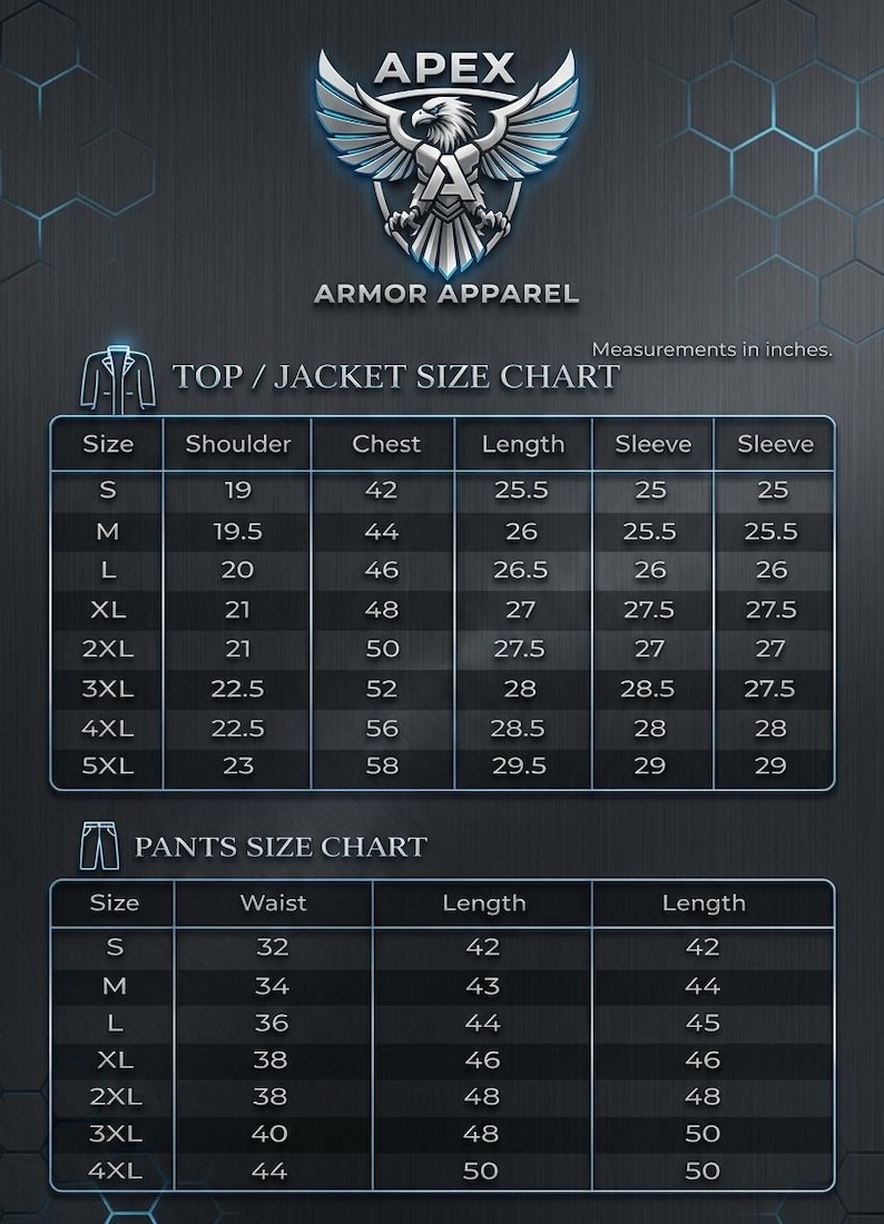 May include: A size chart for Armor Apparel jackets and pants. The chart includes measurements in inches for shoulder, chest, length, and sleeve for jackets, and waist and length for pants. The Apex logo is at the top.