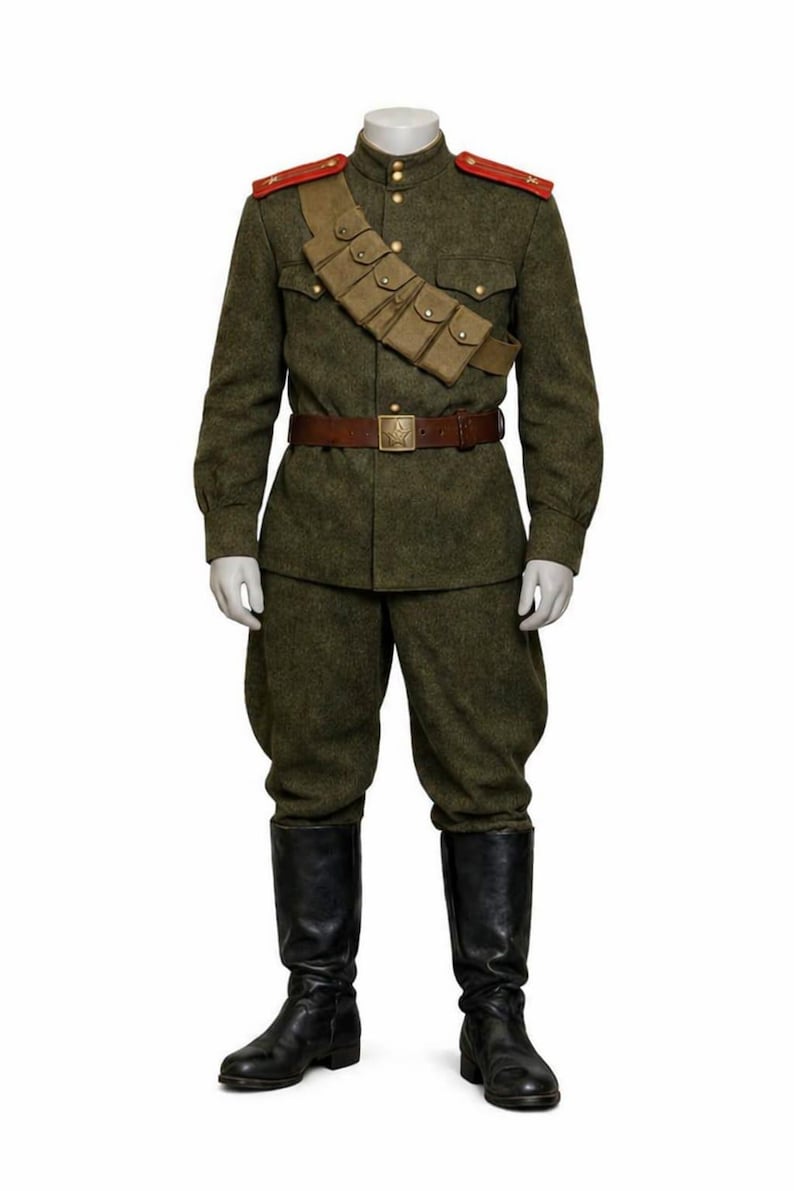 May include: A military uniform in olive green, featuring a button-down jacket, matching trousers, and tall black boots. The uniform includes a brown leather belt, a cartridge belt, and red shoulder boards. The mannequin is on a white background.