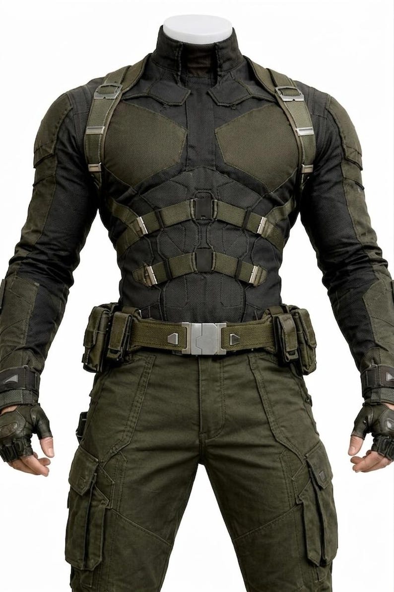 May include: A tactical outfit in black and olive green. The ensemble includes a high-collared jacket with padded sections, a utility belt, cargo pants, and fingerless gloves. The outfit has multiple straps and pockets.