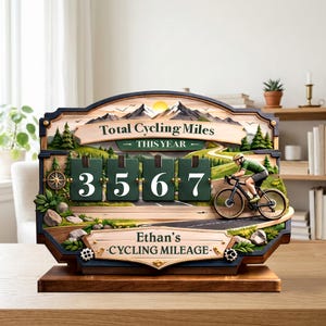 May include: Wooden cycling mileage counter with the text "Total Cycling Miles This Year" and "Ethan's Cycling Mileage". The counter displays "3567" miles. A cyclist on a bike is depicted on the right side of the counter.