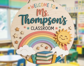 Personalized Rainbow Teacher Door Sign, Custom Classroom Name Sign, Back to School Teacher Gift
