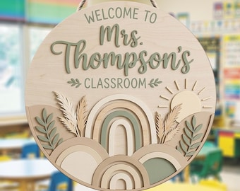 Custom Boho Teacher Door Hanger, Personalized Classroom Welcome Sign, Teacher Gift Decor