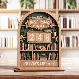Può includere: Un espositore in legno ad arco con il testo BOOKS READ THIS YEAR e OLIVIA'S LIBRARY. Include tre tessere numeriche rotanti che mostrano 248, elementi forestali in miniatura, una volpe addormentata, un cervo in piedi e un gufo.