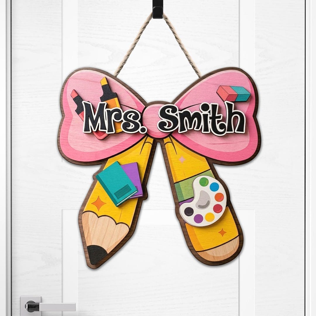 Personalized Teacher Door Sign: Pencil Bow Classroom Decor, Custom Name ...
