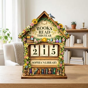 May include: A wooden bookshelf-shaped calendar with the text "BOOKS READ THIS YEAR" and the number "215". The calendar is decorated with flowers, a small bird, and miniature books. The bottom of the calendar reads "SOPHIA'S LIBRARY".