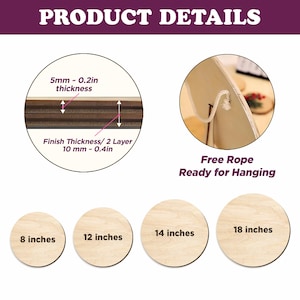May include: Image showing product details, including thickness measurements of 0.2 inches and 0.4 inches. The text reads "Free Rope Ready for Hanging." There are four wooden circles with diameters of 8, 12, 14, and 18 inches.