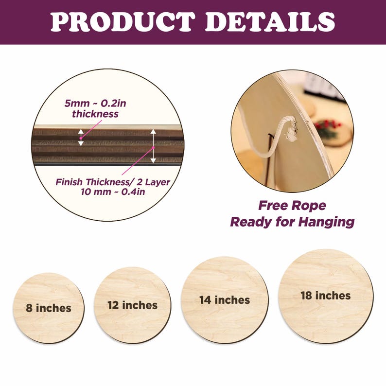 May include: Image showing product details, including thickness measurements of 0.2 inches and 0.4 inches. The text reads "Free Rope Ready for Hanging." There are four wooden circles with diameters of 8, 12, 14, and 18 inches.