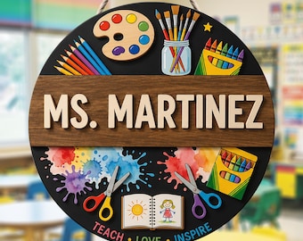 Personalized Art Teacher Door Sign, Custom Door Hanger, Paint Palette Classroom Welcome Decor