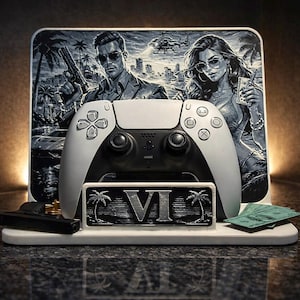 May include: A white and black PlayStation 5 controller is displayed in front of a black and white graphic of a man and woman. A small black handgun, coins, and a sign with "VI" are also present.