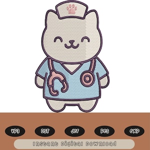 Diseño de bordado a máquina de gato enfermera veterinaria adorable: archivo de descarga digital de puntada de relleno para amantes de las mascotas kawaii veterinarias. Patrón de uniforme médico.